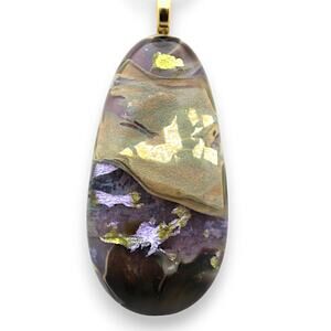 Tear Drop Oval Pendant Necklace Glass Fused Purple Gold, 18" chain length